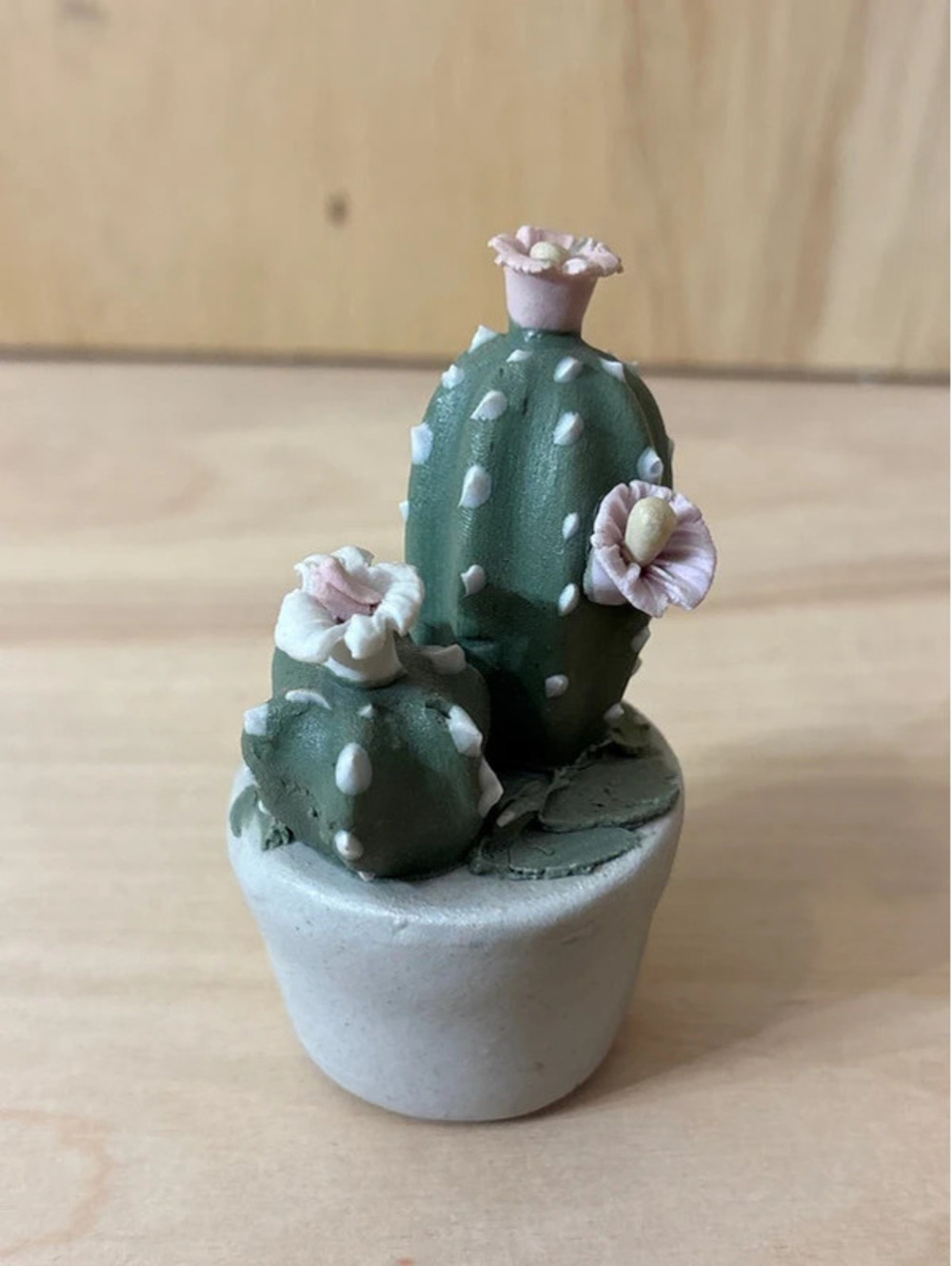 Vintage Porcelain Miniature Flowering Cactus Figurine Potted Succulent 1980s